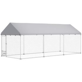 Outdoor Dog Kennel w/ Adjustable & Rotatable Bowl Rack, Waterproof UV-Resistant Cover, Secure Lock, 19.7' x 7.5' x 7.5'